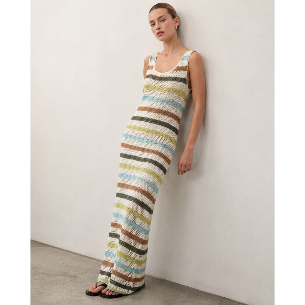 70s Boho Crochet Dress M Striped Open Knit Hippie Beach Resort Festival retro